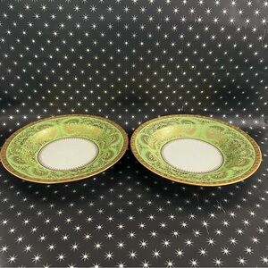 Vintage Cauldon England Set of 2 Porcelain Green & Gold Design Soup Plates